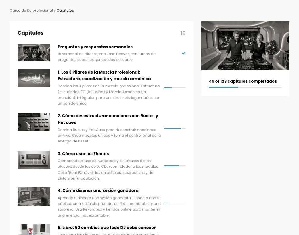 El aula: lista de capítulos con el progreso del alumno